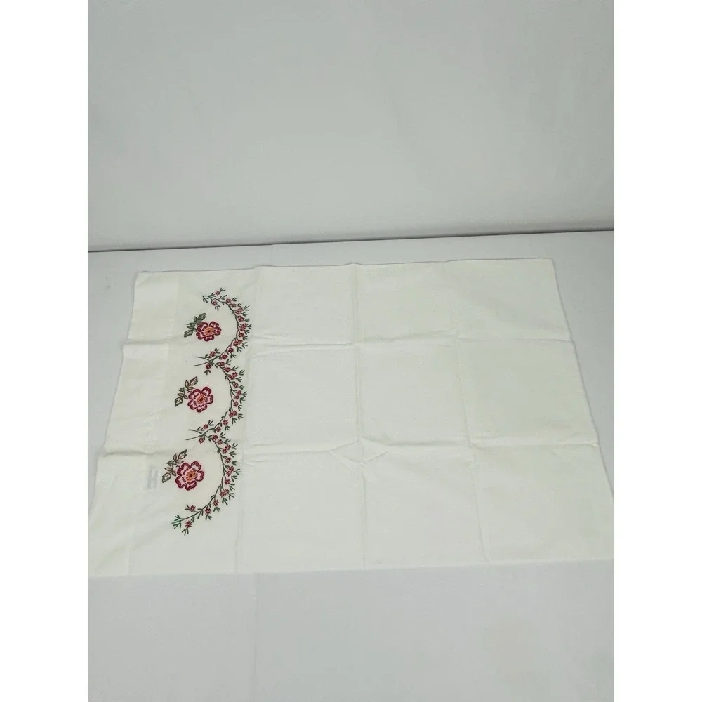 Vintage Cross Stitched Pillowcase White w/ Red Floral 30 x 20